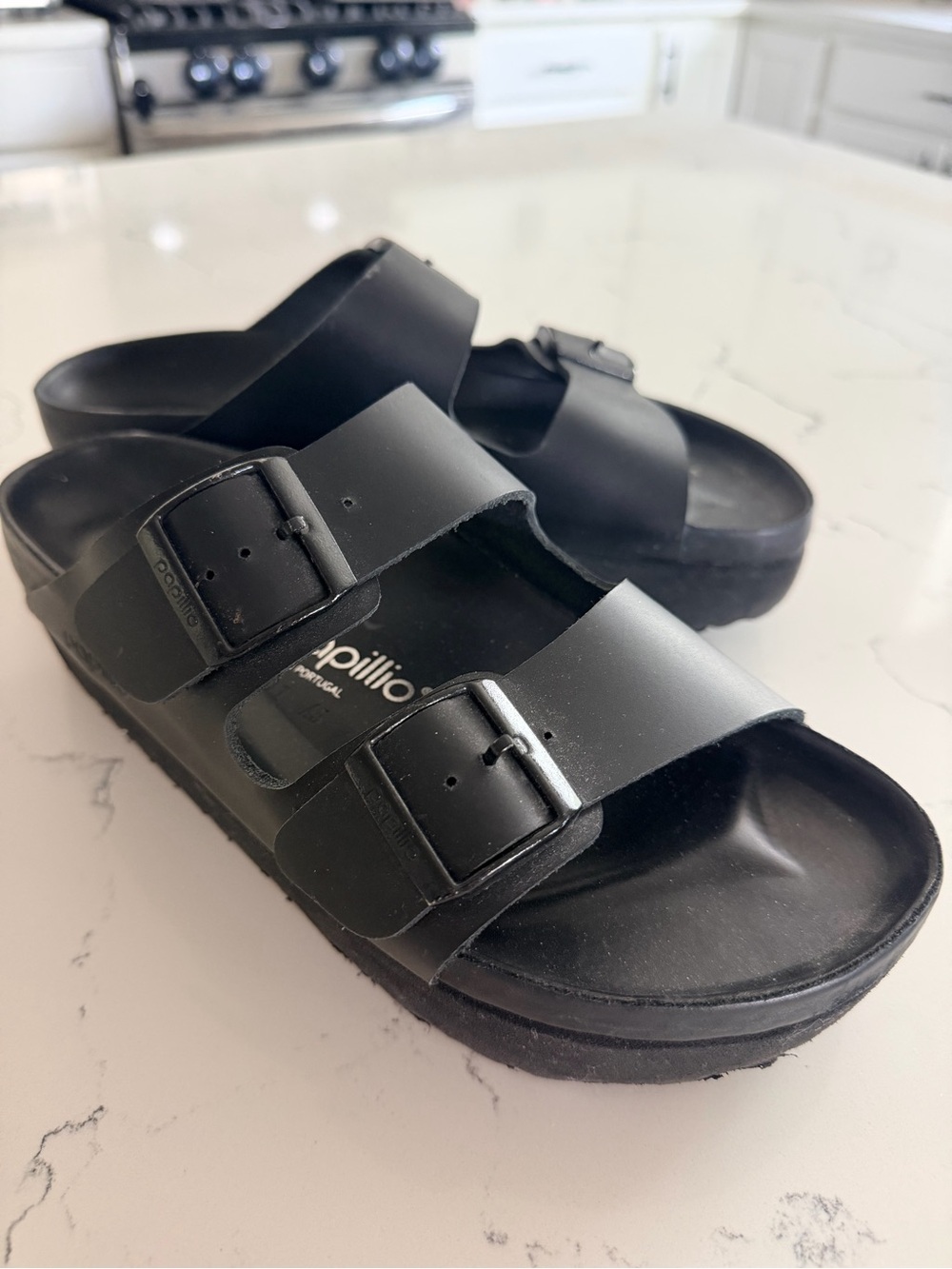 Papillio Birkenstock Exquisite Matte Black Double Buckle Slide platform sz40